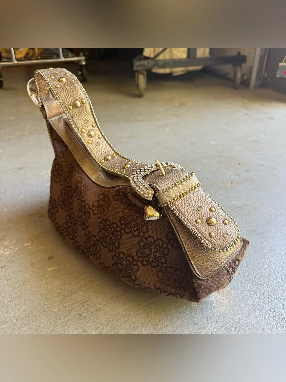 Y2K Kathy Van Zeeland Rhinestone Studded Brown Hobo Bag Western